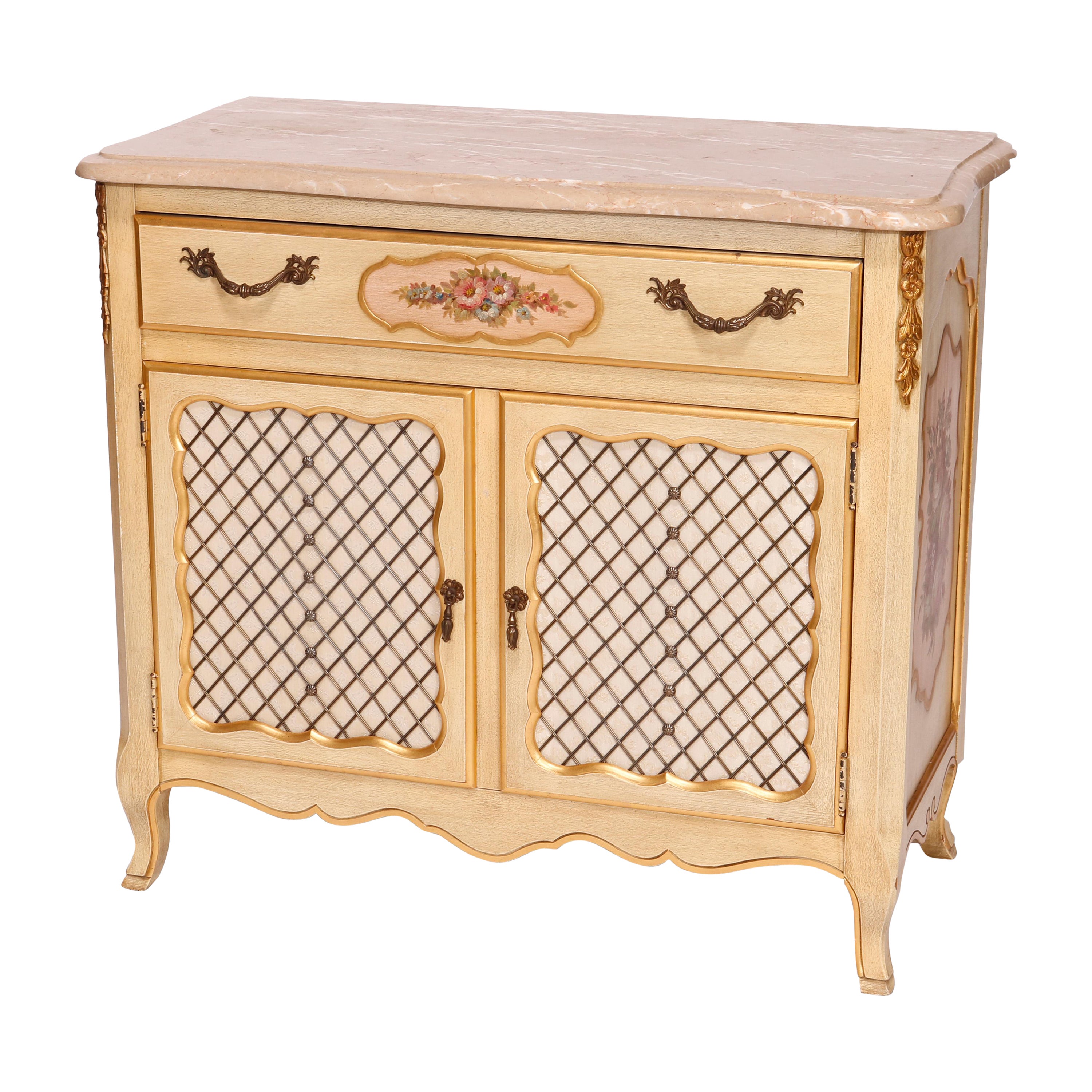 Commode de style provincial français polychrome, dorée et en marbre par Kozak Studios, XXe siècle en vente