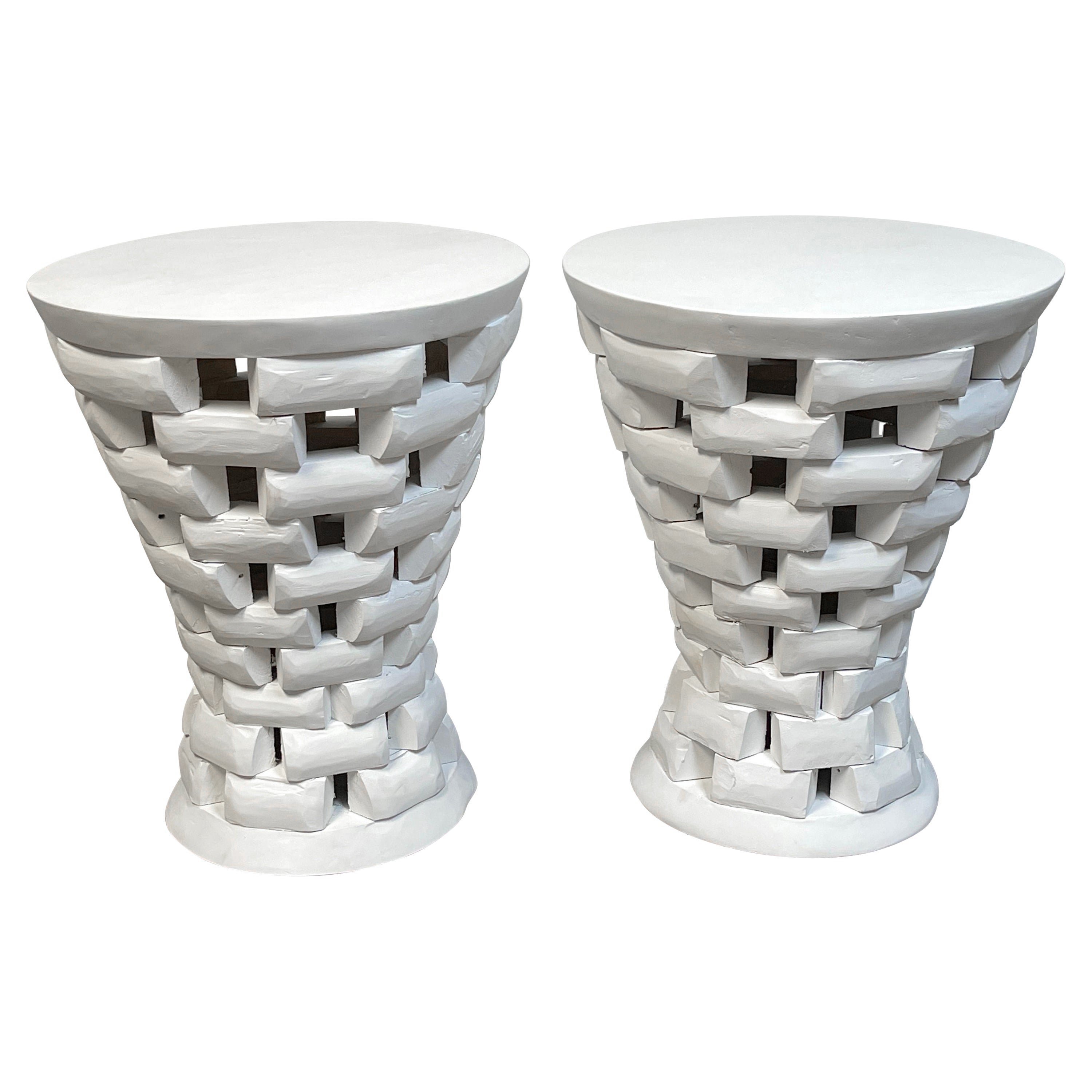 Pair of African Style Carved Teak Pedestal Side Tables, in White For Sale
