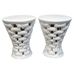 Vintage Pair of African Style Carved Teak Pedestal Side Tables, in White