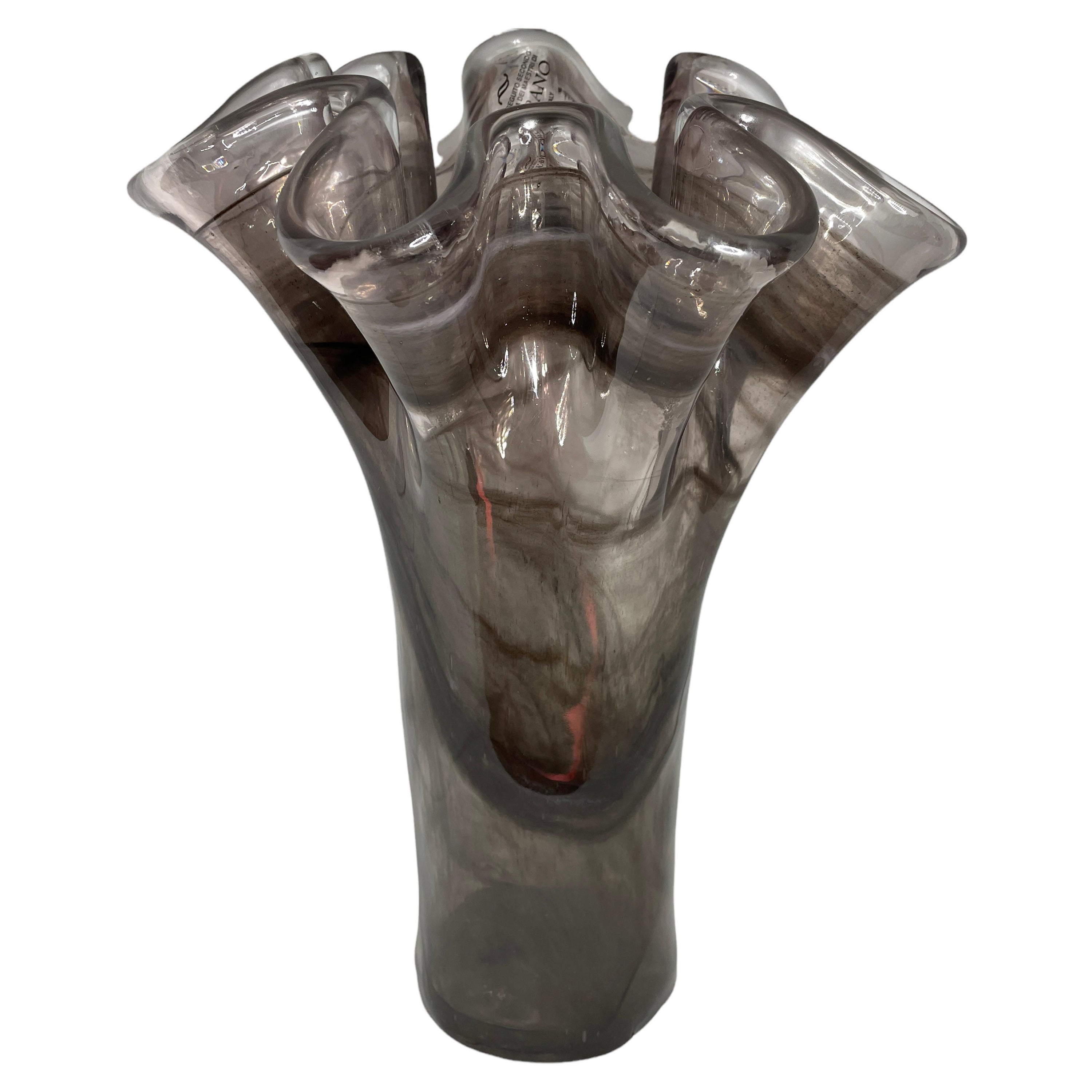 Smoked Black & Grey Art Glass Murano Handkerchief Vase, Modern, 1980s