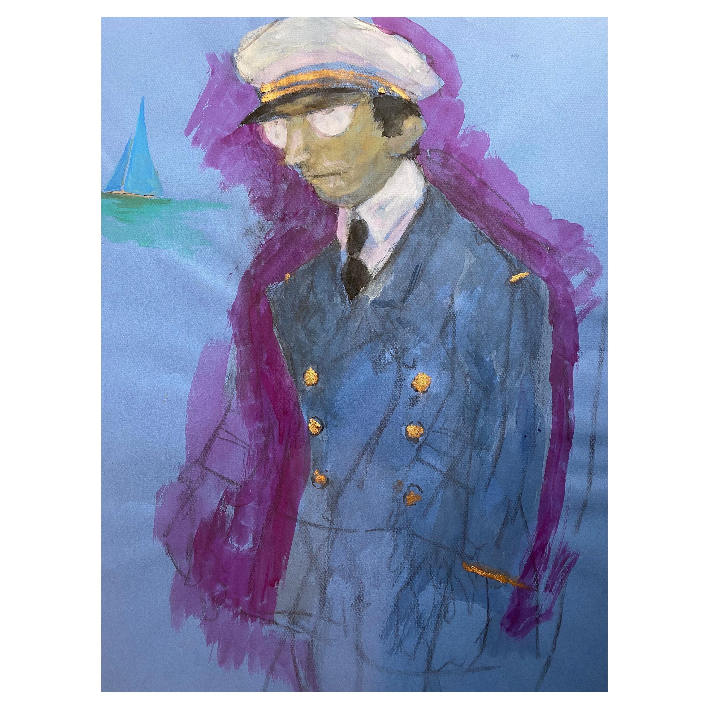 1960's French Portrait Pilot/ Captain Gentleman in Uniform Caricature For Sale