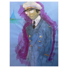 1960's French Portrait Pilot/ Captain Gentleman in Uniform Caricature