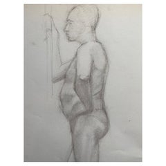 Mid-20th Century French Charcoal Drawing, Portrait of a Standing Nude Man