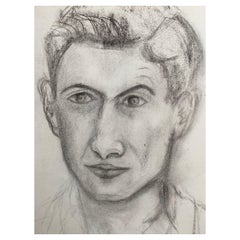 Retro Mid 20th Century French Charcoal Drawing - Portrait of a Man