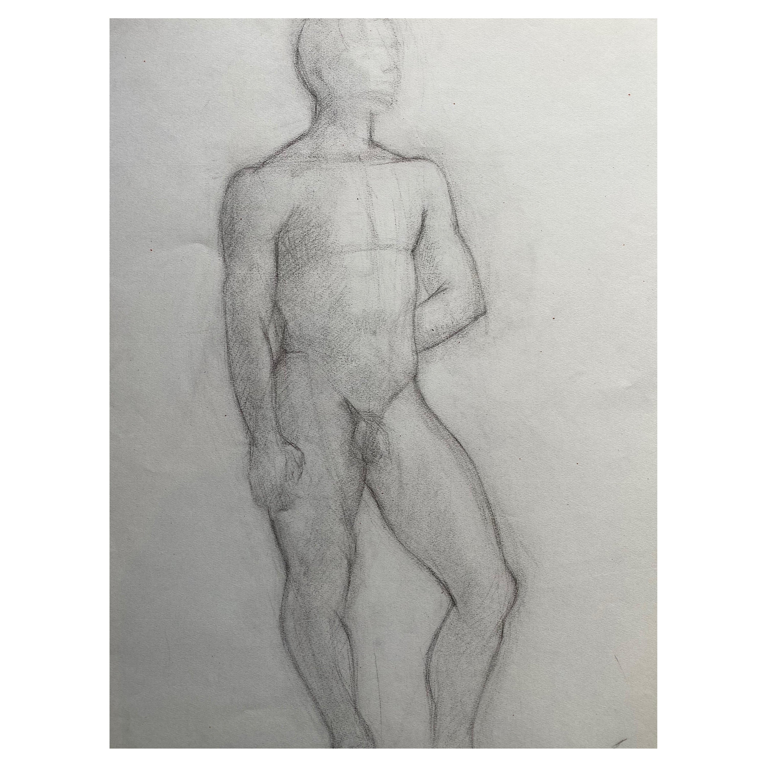 Mid-20th Century French Charcoal Drawing, Portrait of a Standing Nude Man For Sale