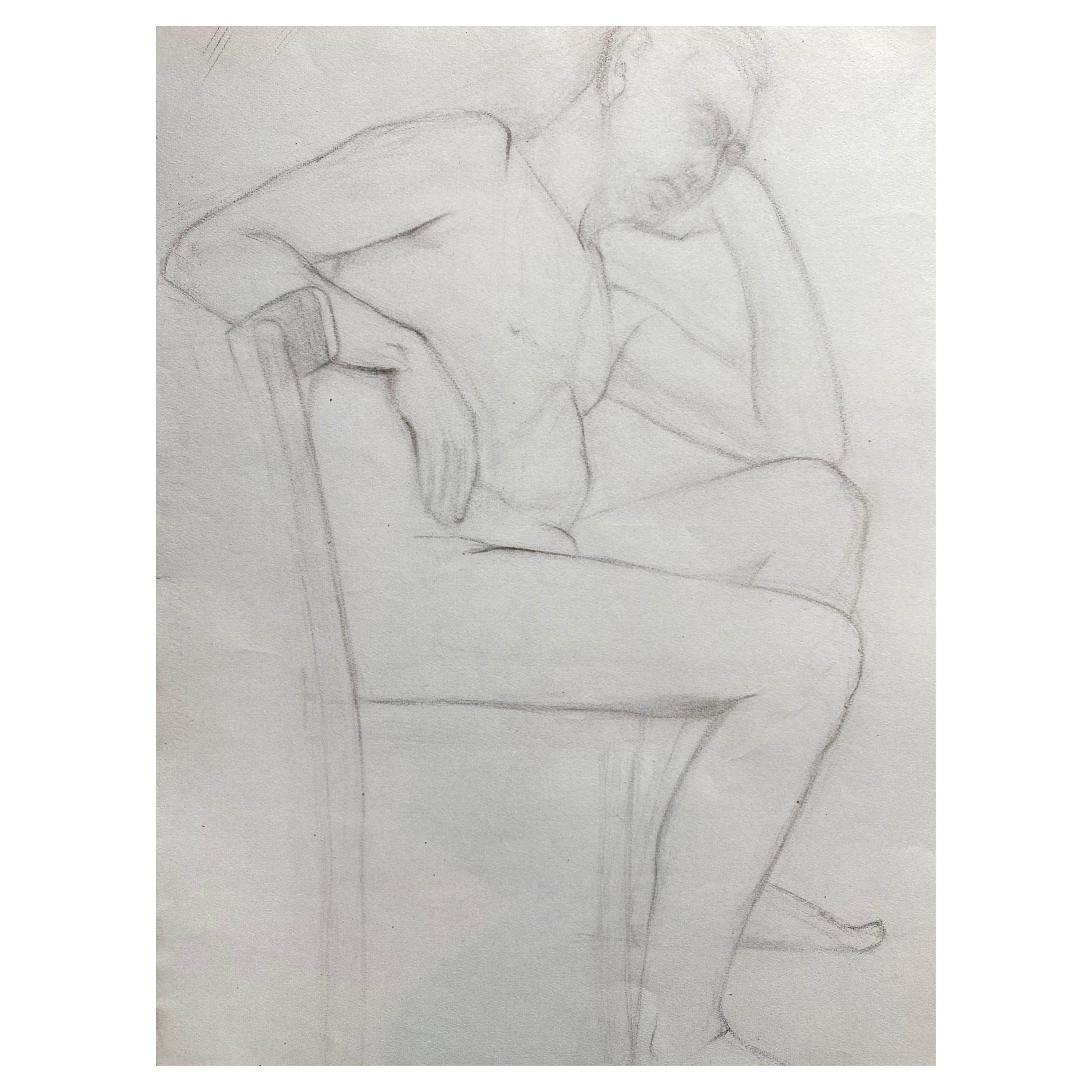 Mid 20th Century French Charcoal Drawing - Portrait of a Standing Nude Man For Sale