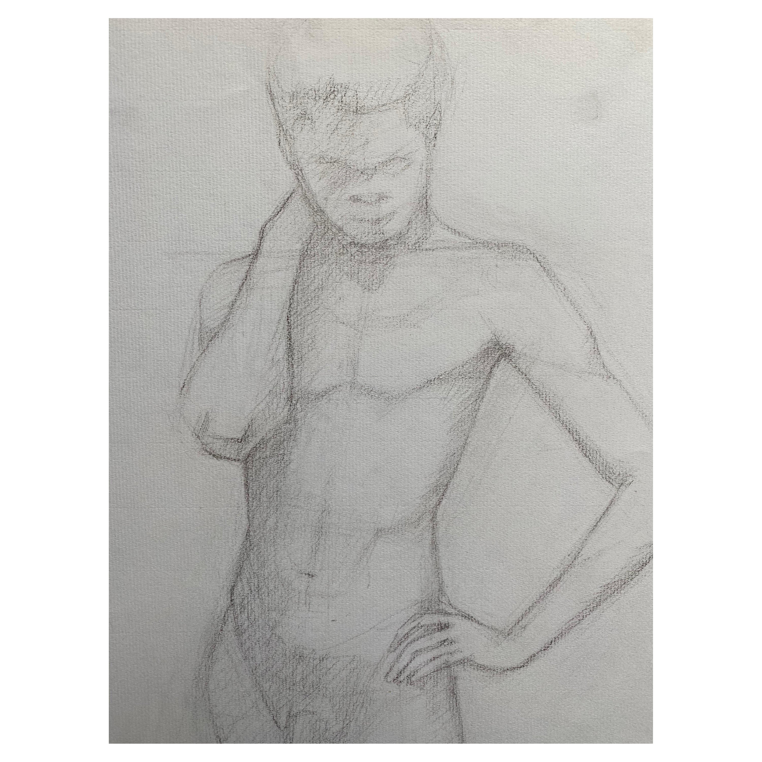 Mid-20th Century French Charcoal Drawing, Portrait of a Standing Nude Man