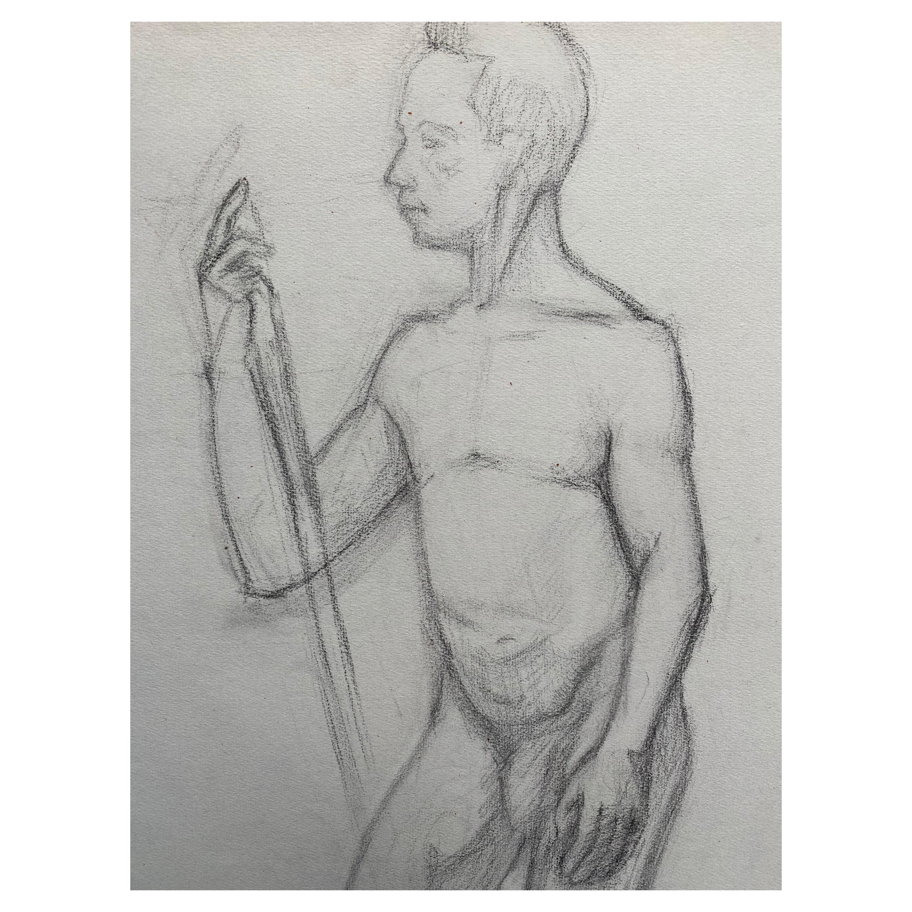 Mid 20th Century French Charcoal Drawing - Portrait of a Standing Nude Man For Sale