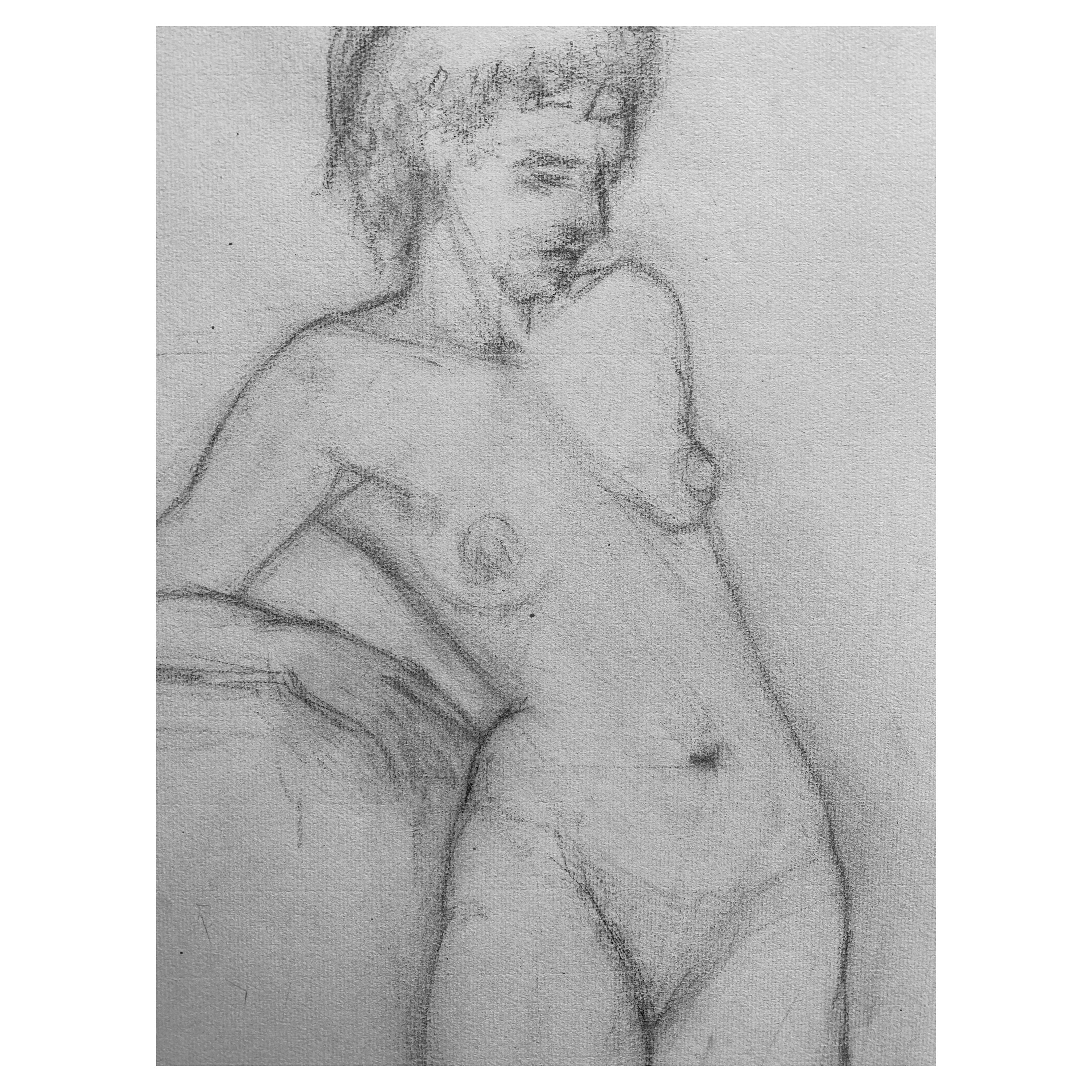 Französische Kohlezeichnung aus der Mitte des 20. Jahrhunderts, Porträt einer stehenden nackten Frau