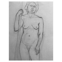Dessin au fusain français du milieu du 20e siècle - Portrait d'une femme nue debout