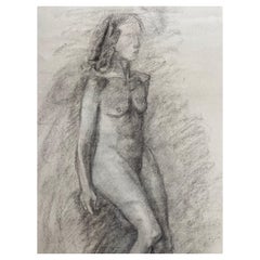 Mid-20th Century French Charcoal Drawing, Portrait of a Standing Nude Women