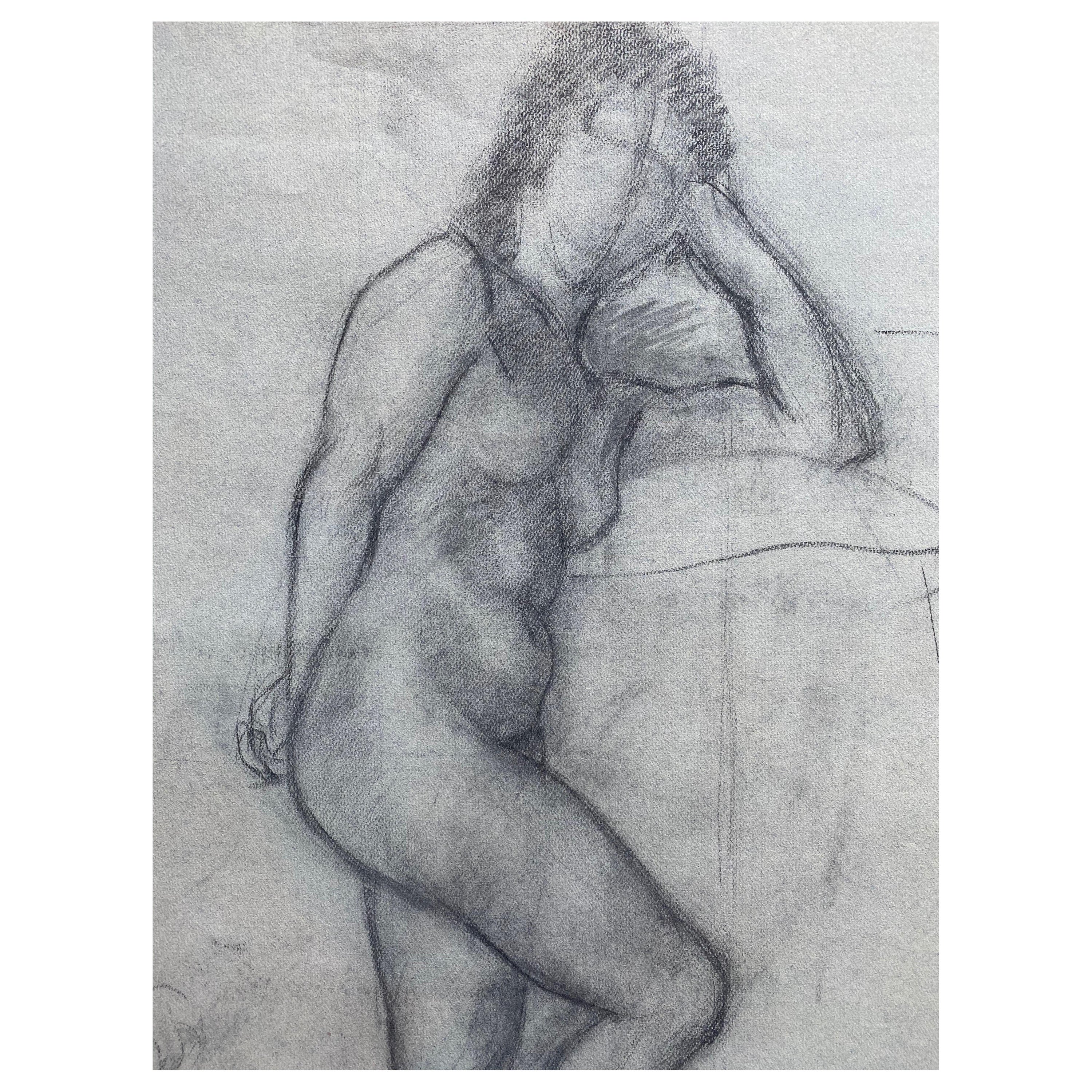 Mid 20th Century French Charcoal Drawing, Portrait of a Standing Nude Women For Sale