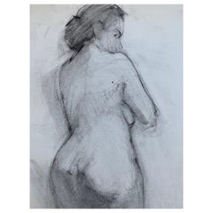 Französische Kohlezeichnung aus der Mitte des 20. Jahrhunderts – Porträt einer stehenden nackten Frau