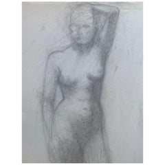 Mid-20th Century French Charcoal Drawing, Portrait of a Standing Nude Women
