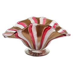 Murano Glittery Copper Aventurine Red White Ribbons Italian Art Glass Bowl Dish