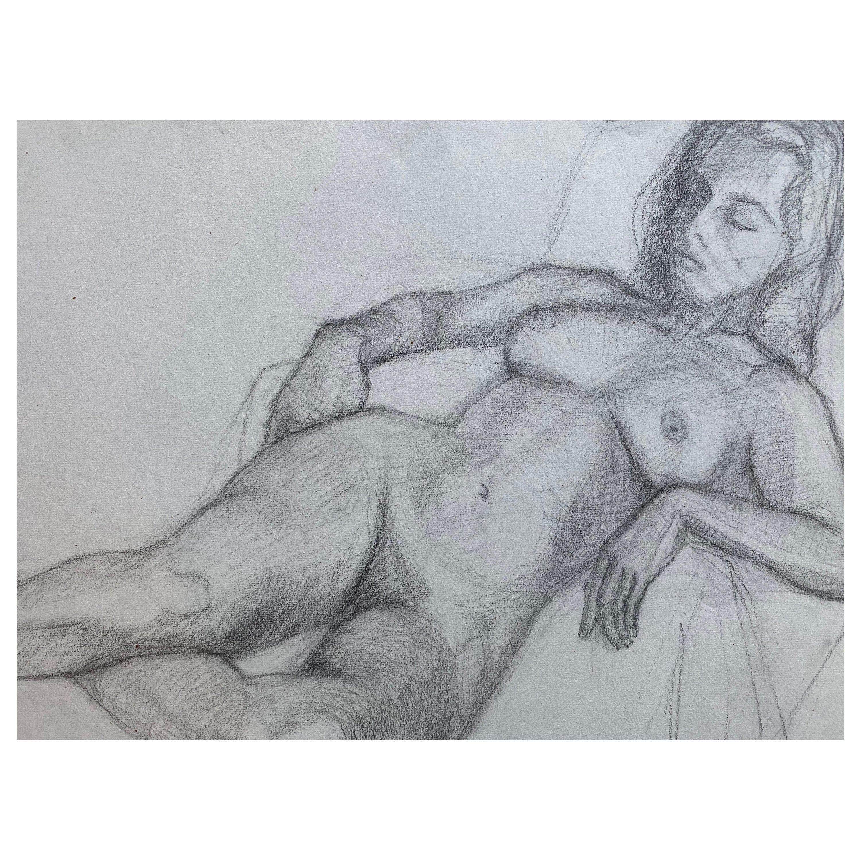Disegno a carboncino francese della metà del XX secolo - Ritratto di donna nuda in piedi