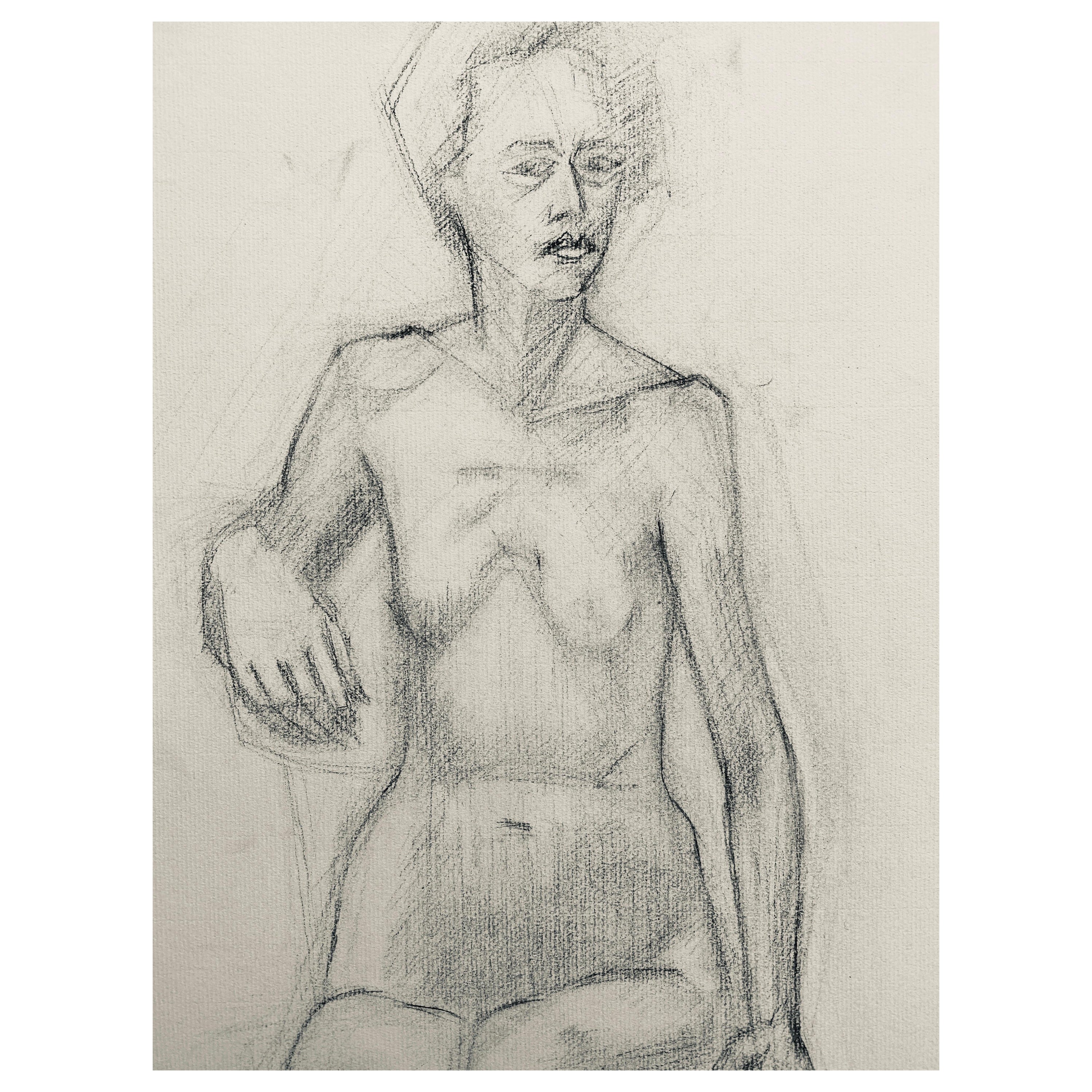 Französische Kohlezeichnung aus der Mitte des 20. Jahrhunderts, Porträt einer stehenden nackten Frau im Angebot