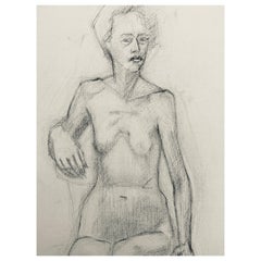 Französische Kohlezeichnung aus der Mitte des 20. Jahrhunderts, Porträt einer stehenden nackten Frau
