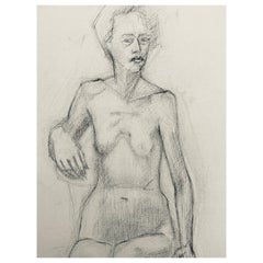 Disegno a carboncino francese della metà del XX secolo, Ritratto di donna nuda in piedi