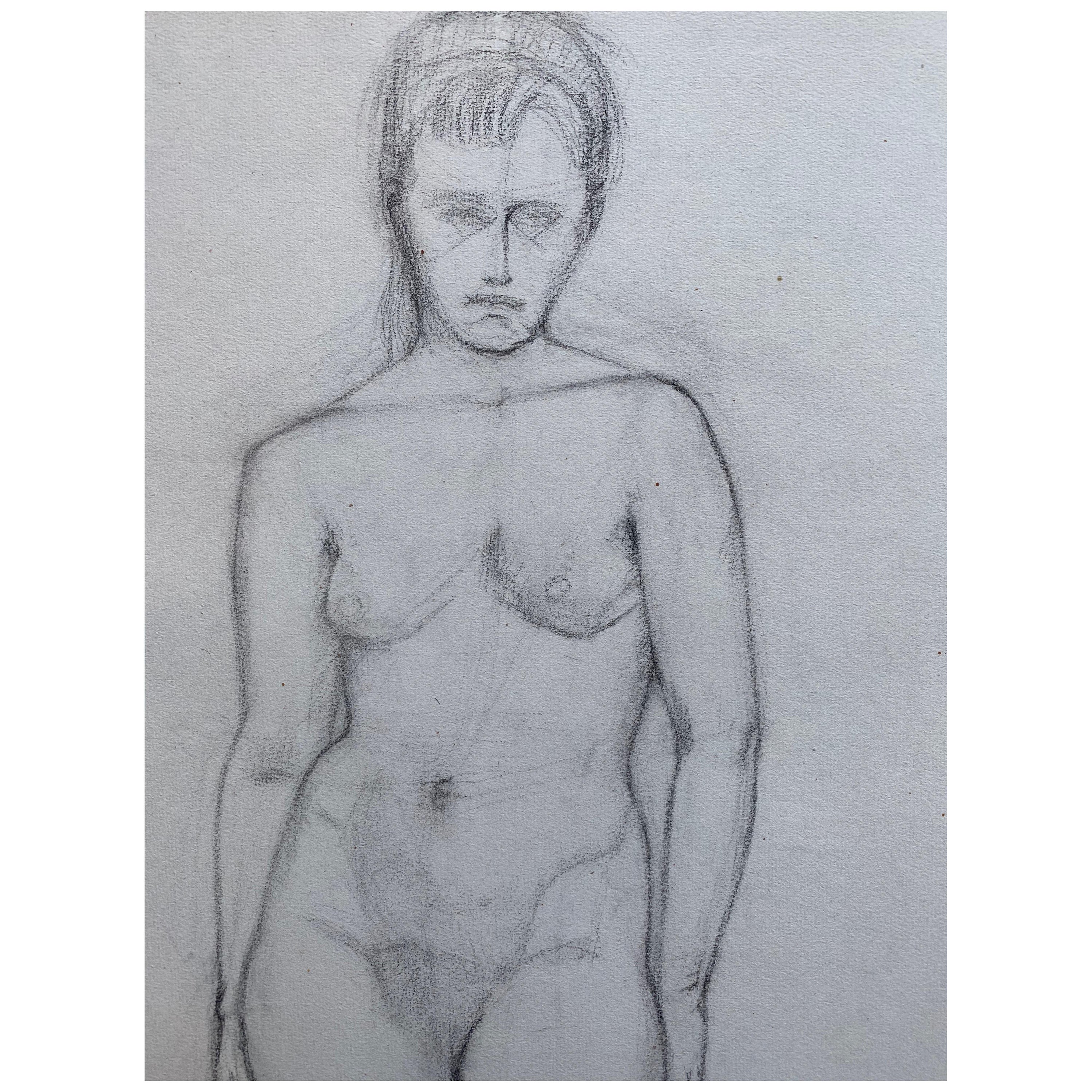 Disegno a carboncino francese della metà del XX secolo, Ritratto di donna nuda in piedi