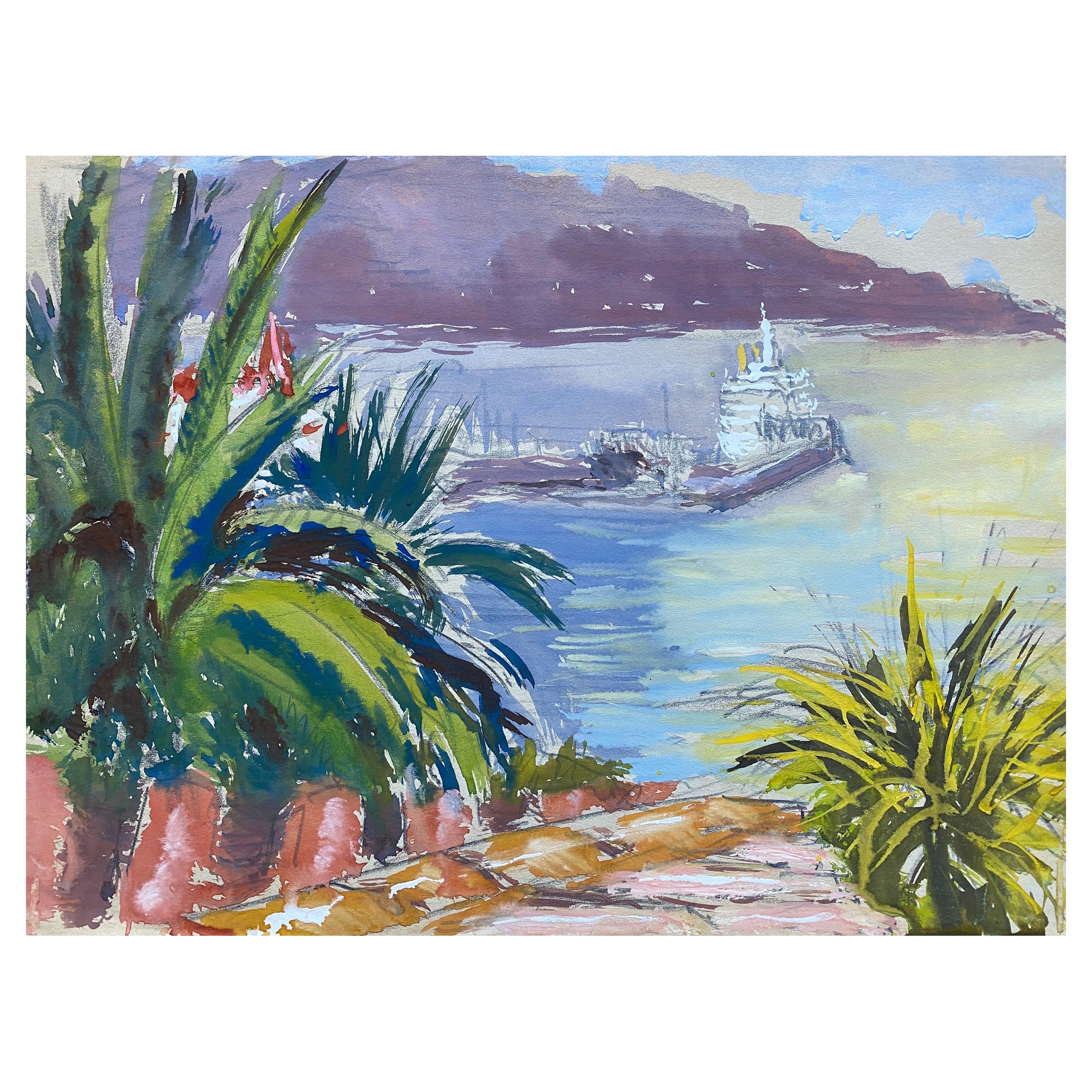 Mid 20th C. Irish Artist Watercolor Painting of Exotic Harbour in Spain For Sale