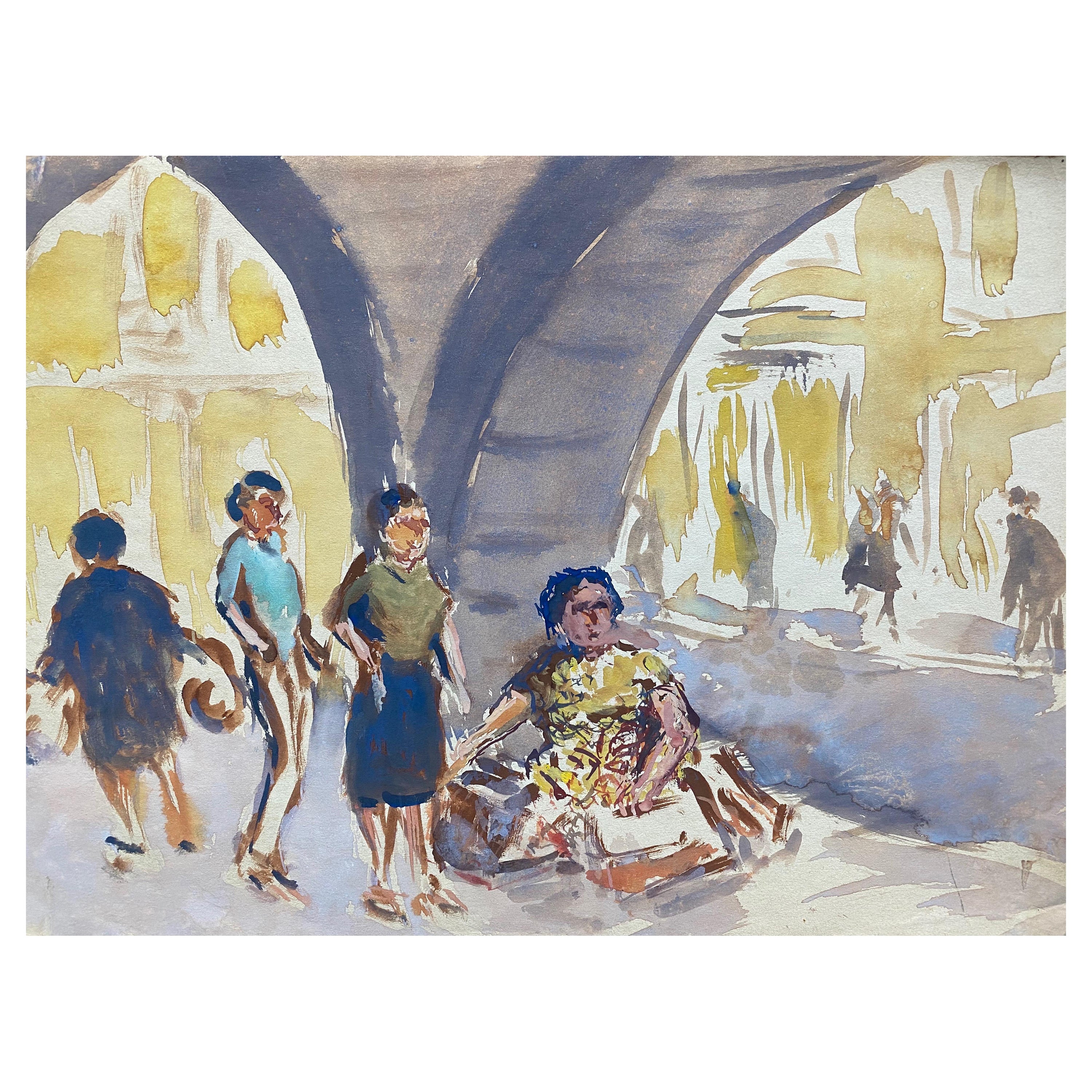 Mid 20th C. Irish Artist Watercolor Painting of a Continental Marketplace For Sale