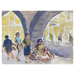Mid 20th C. Irish Artist Watercolor Painting of a Continental Marketplace