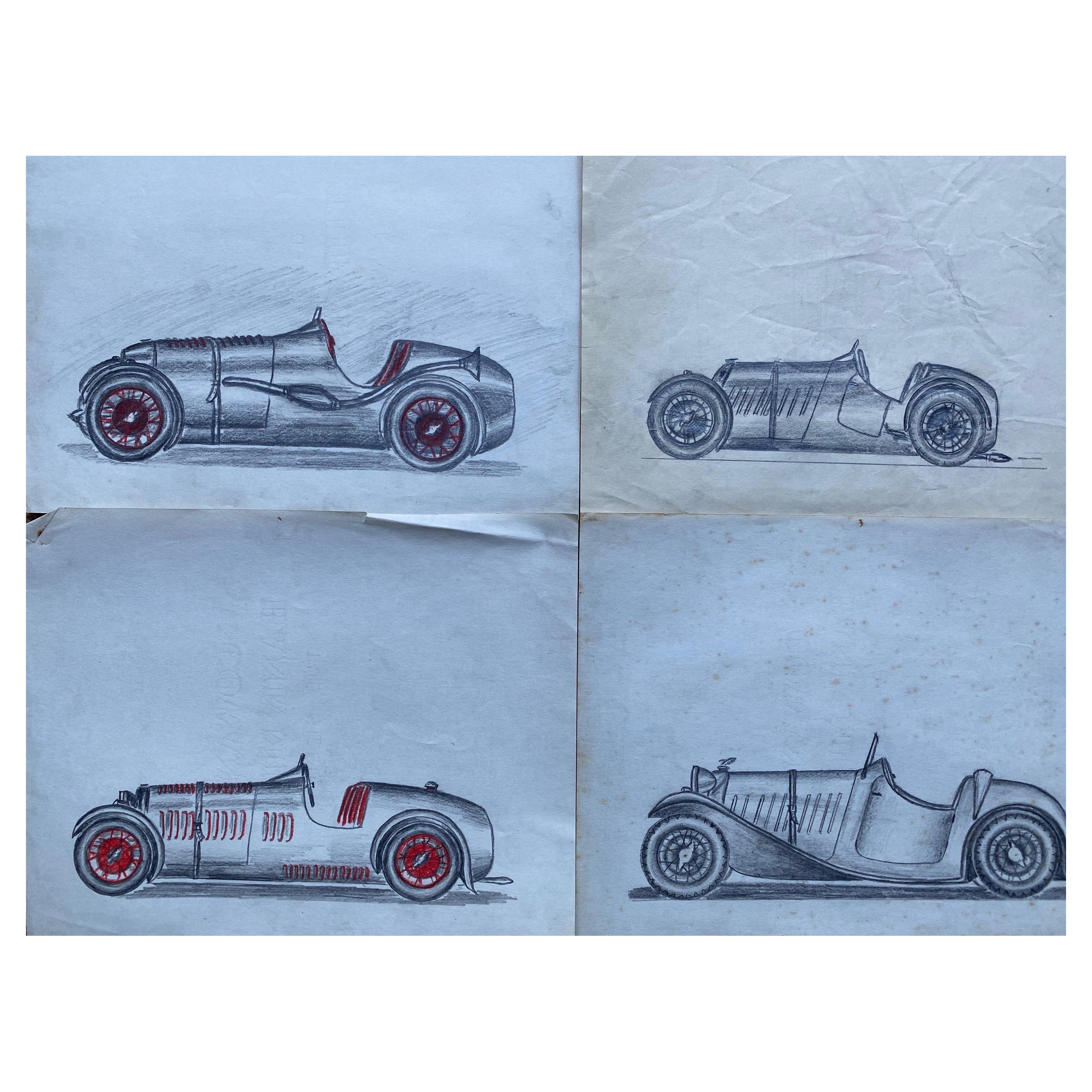 Ensemble de quatre dessins originaux de course de voitures à moteur des années 1930