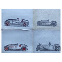 Set of Four 1930's Motor Car Racing Original Drawings