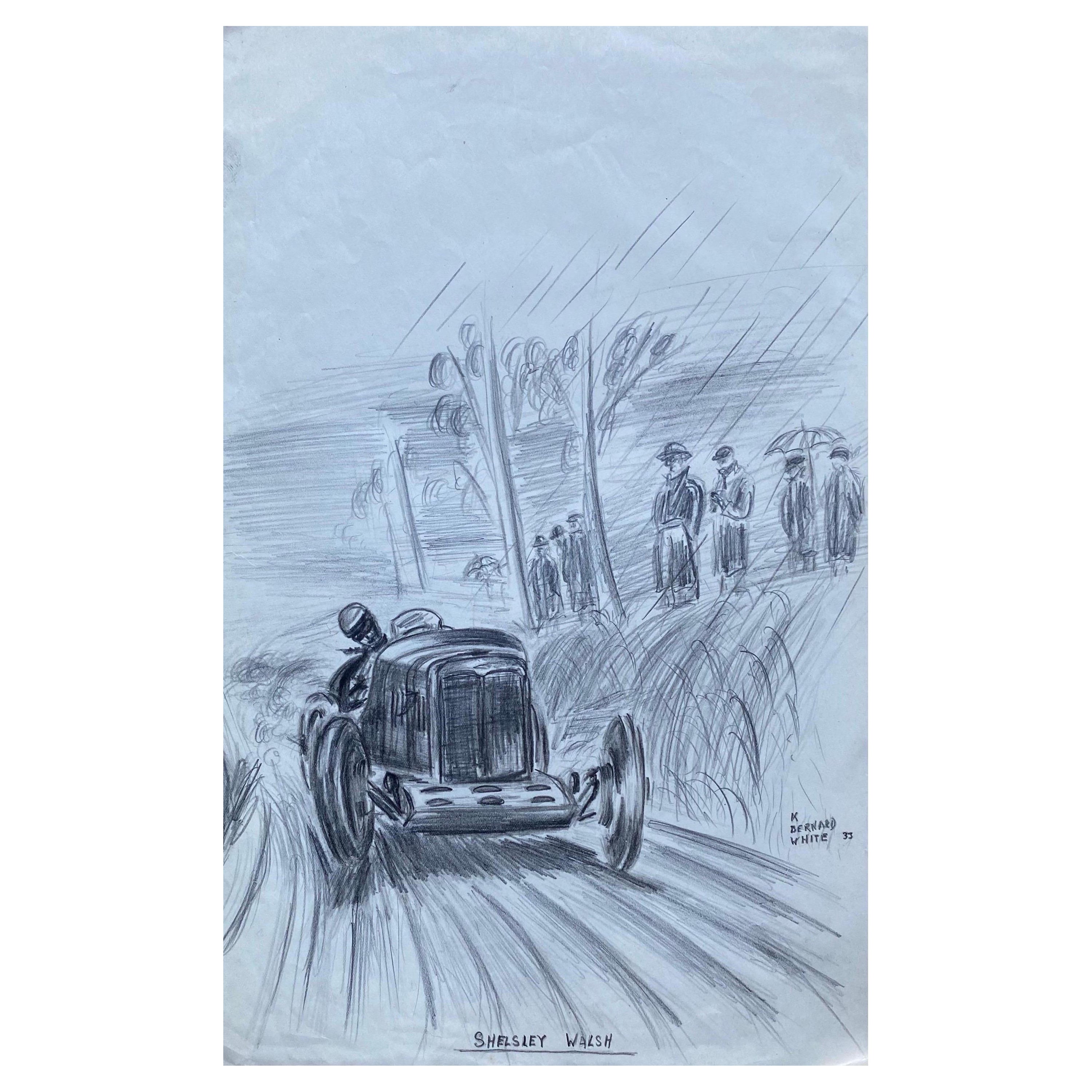 Drawing original de course automobile des années 1930, signé et daté