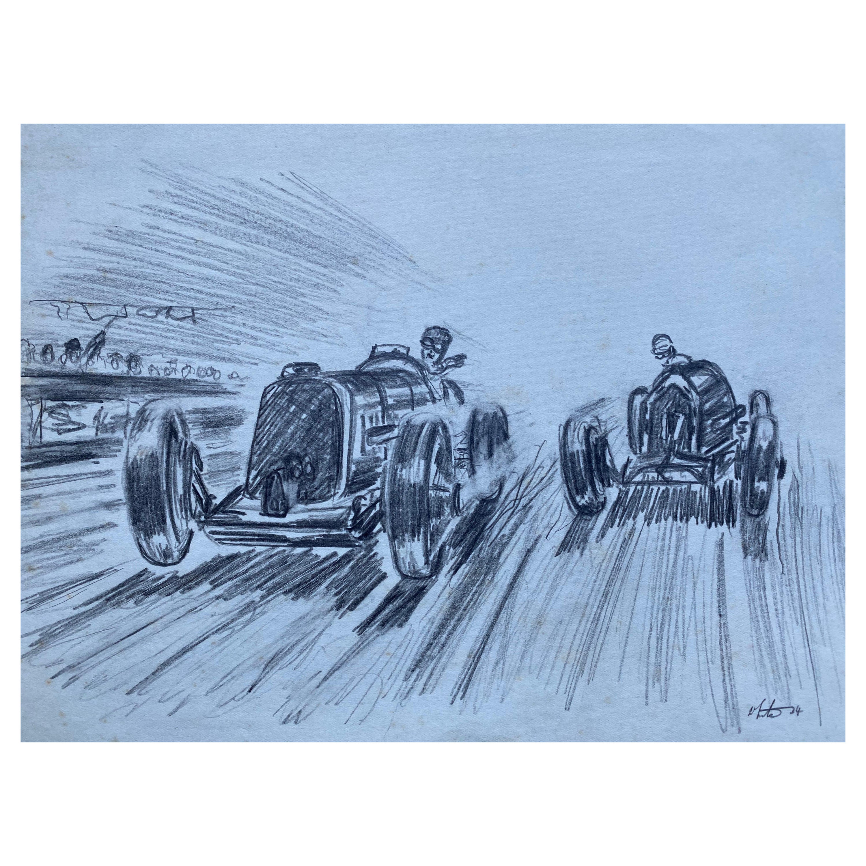 Drawing original de course automobile des années 1930, signé et daté
