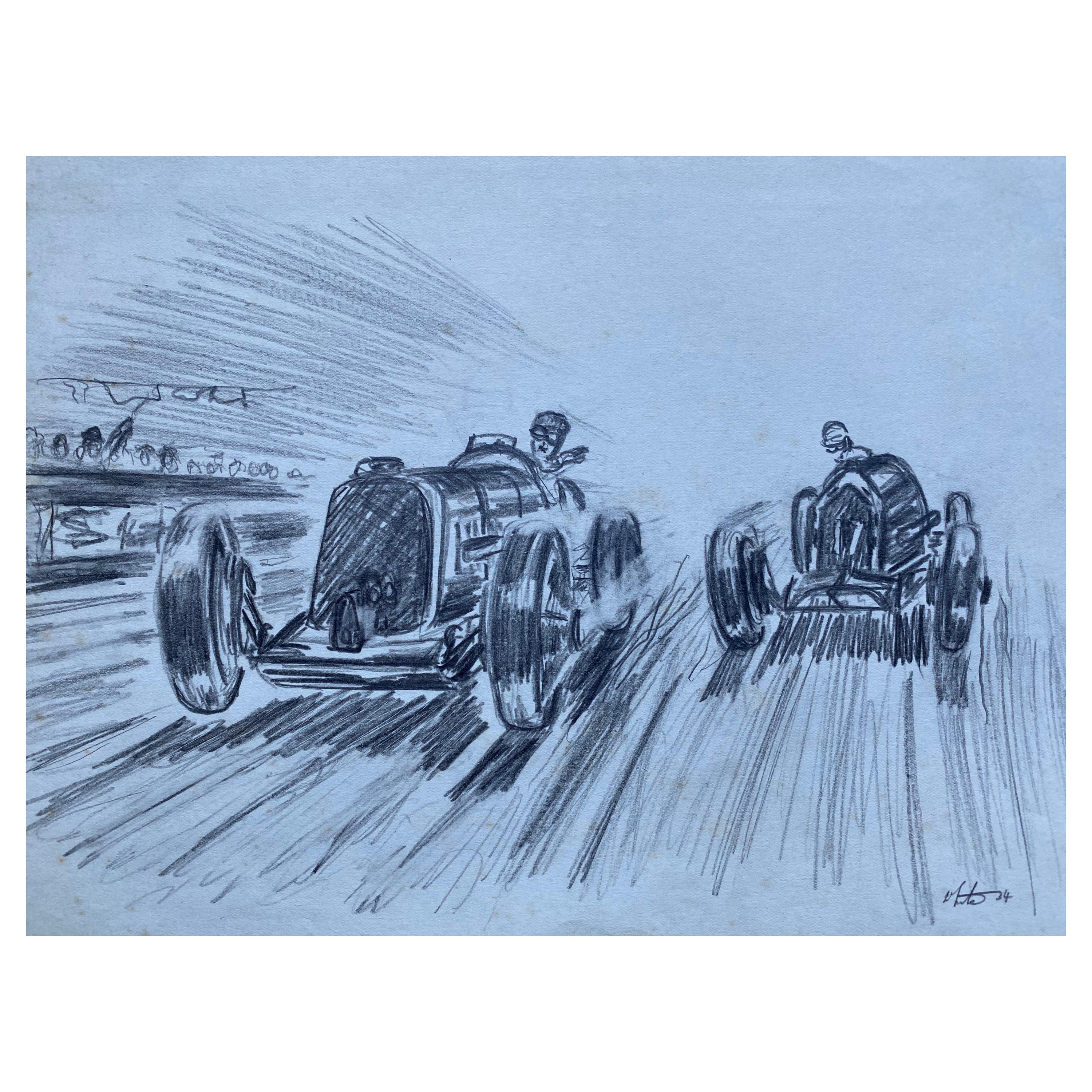 Disegno originale di auto da corsa d'epoca degli anni '30 firmato e datato