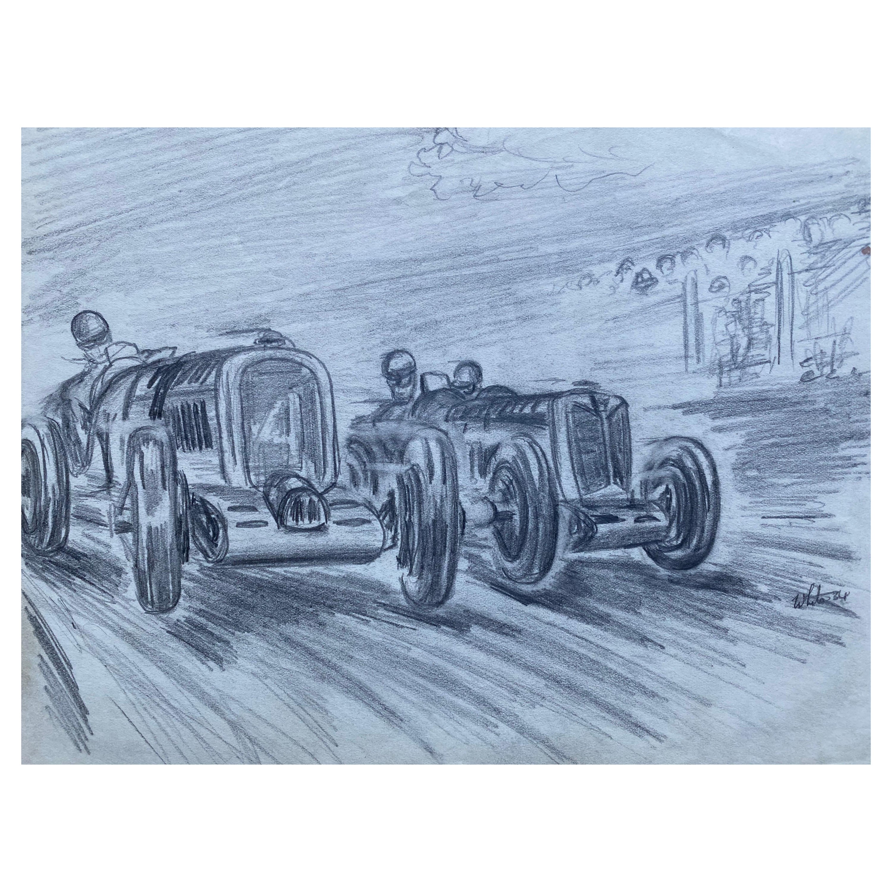 Drawing original de course automobile des années 1930, signé et daté en vente