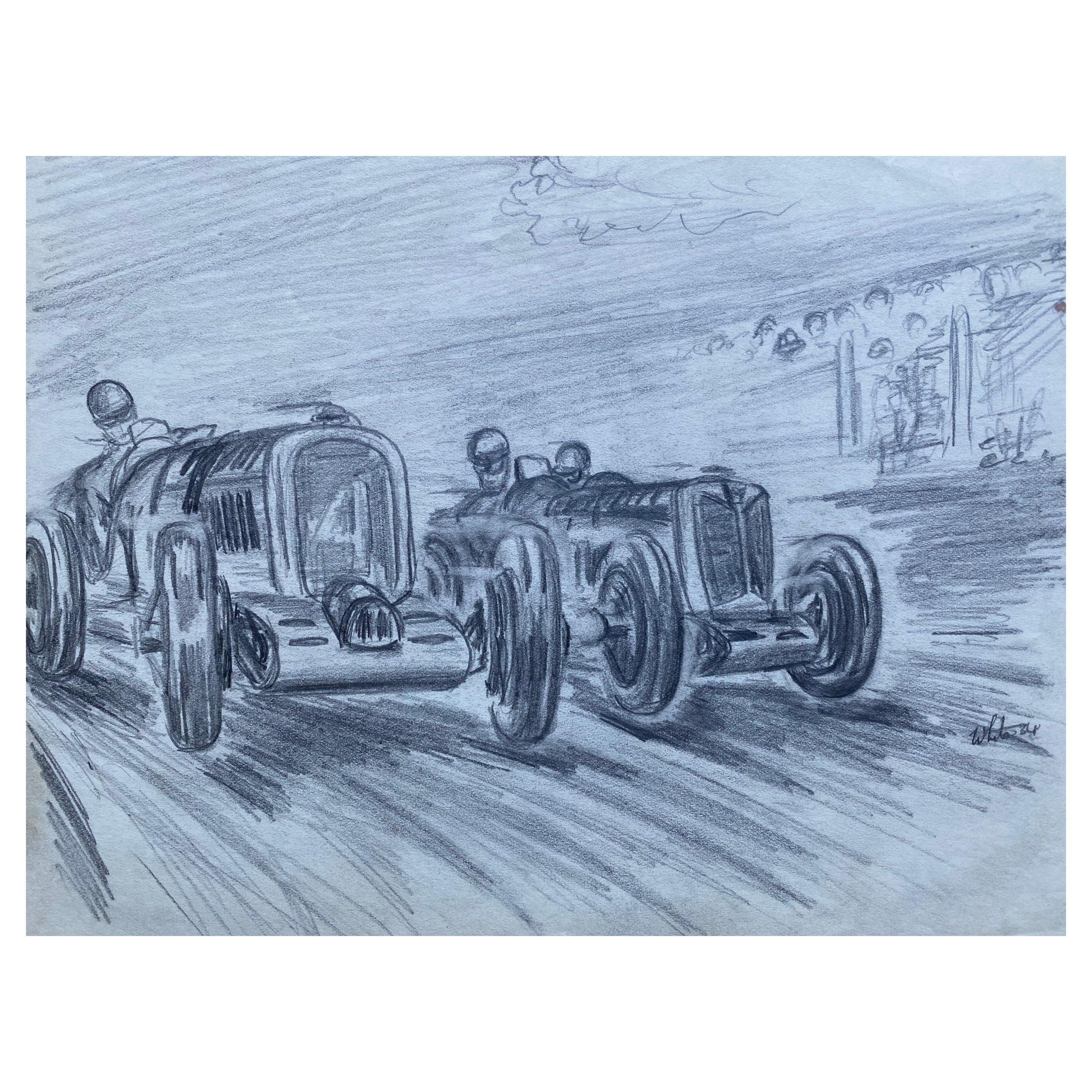 Drawing original de course automobile des années 1930, signé et daté