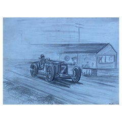 Drawing original de course automobile des années 1930, signé et daté