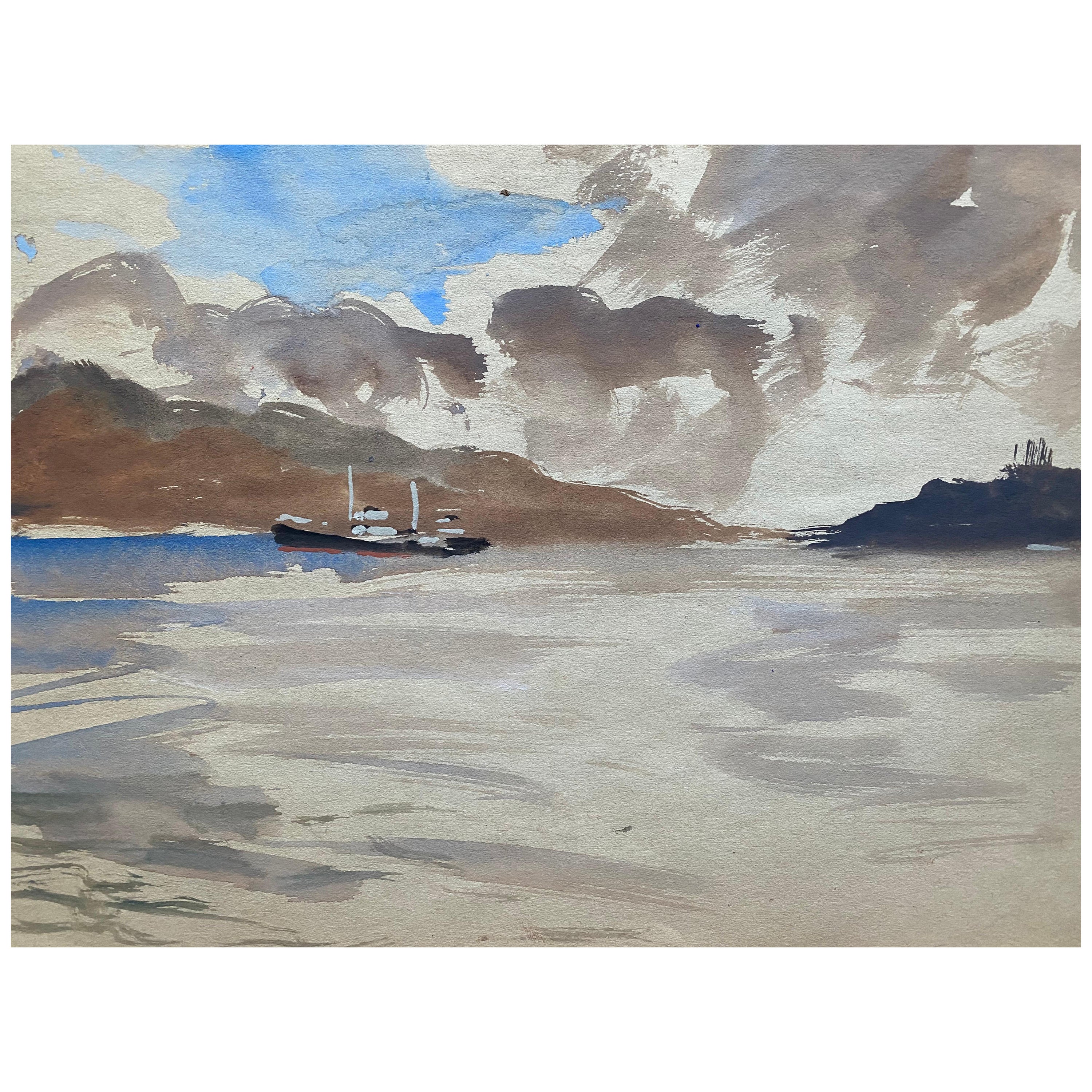 Mid 20th C. Irish Artist Watercolor Painting - Vigo Spain Coastal Landscape Boat For Sale