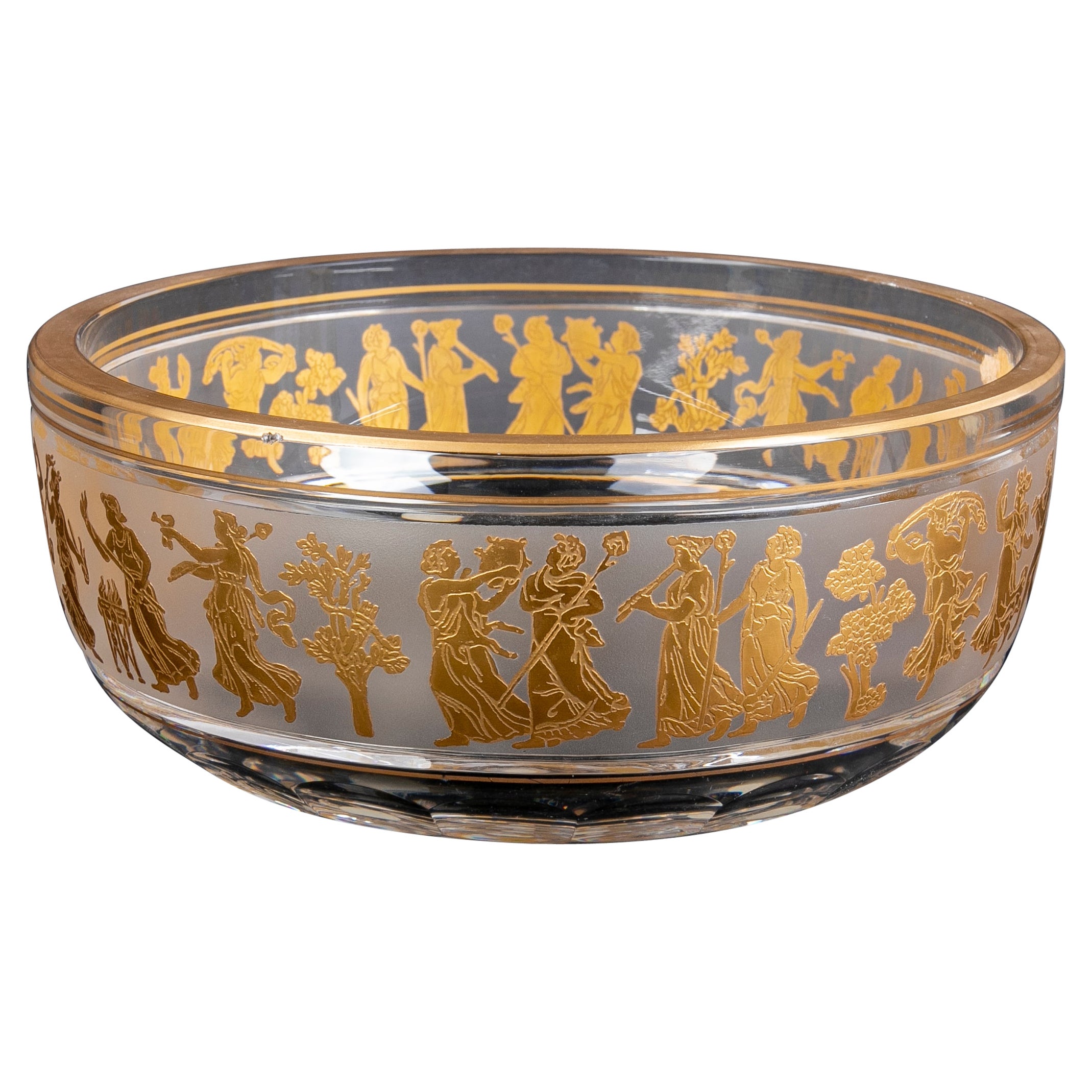 Centre de table en verre avec une frise et des scènes de type romain plaquées or en vente