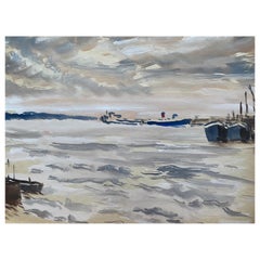 Mid 20th C. Irish Artist Watercolor Painting of Quiet Coastal Sea Southampton