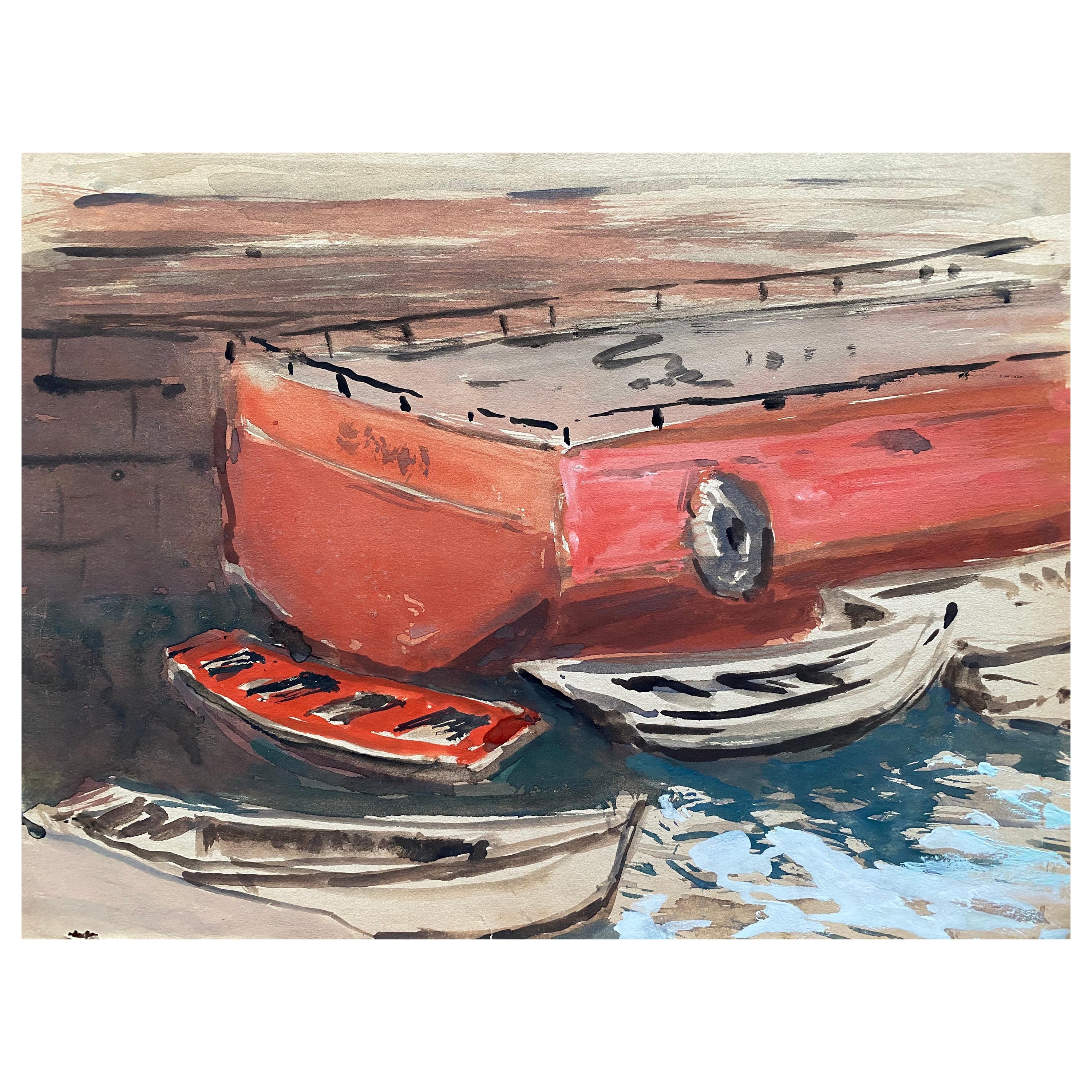 Mid 20th C. Irish Artist Watercolor Painting of Vigo Harbour Spanish Port For Sale