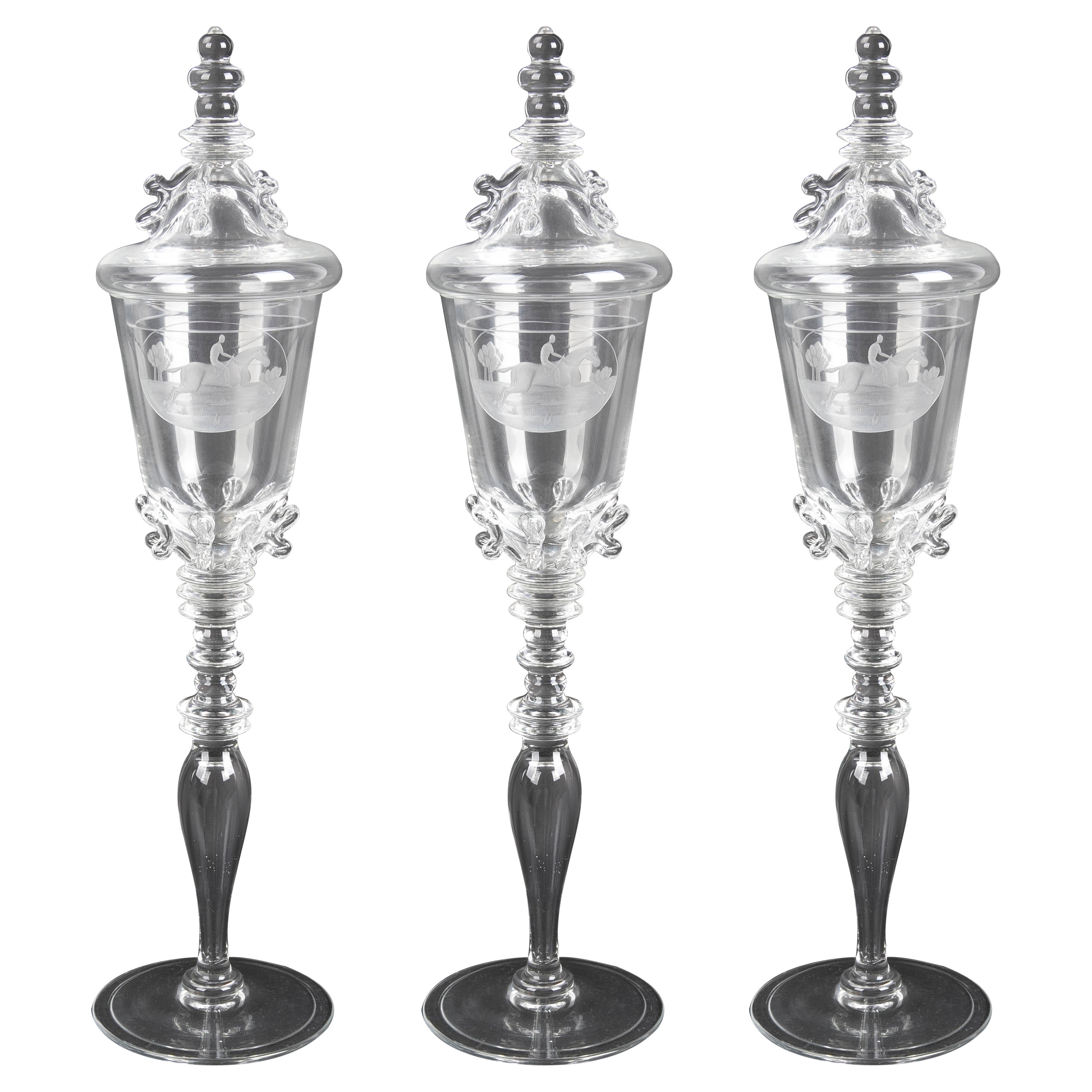 Three Signed Crystal Glass with Lids and Scenes of a Horseman on Horseback For Sale