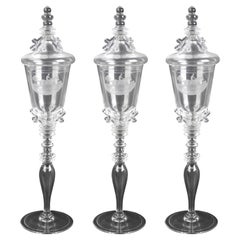 Three Signed Crystal Glass with Lids and Scenes of a Horseman on Horseback