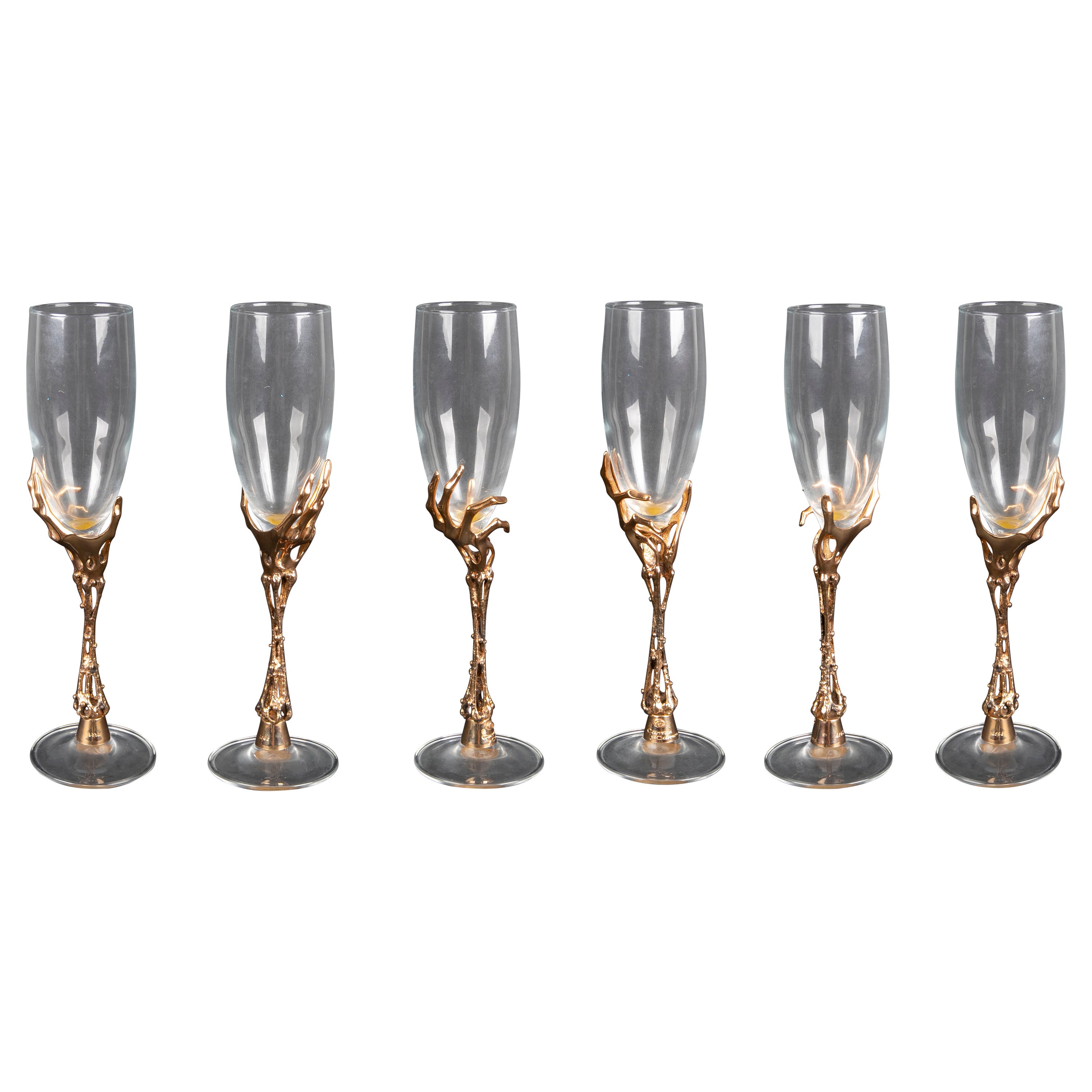 Set of Six "Carrera y Carrera" Champagne Glasses in Gilded Bronze and Crystal