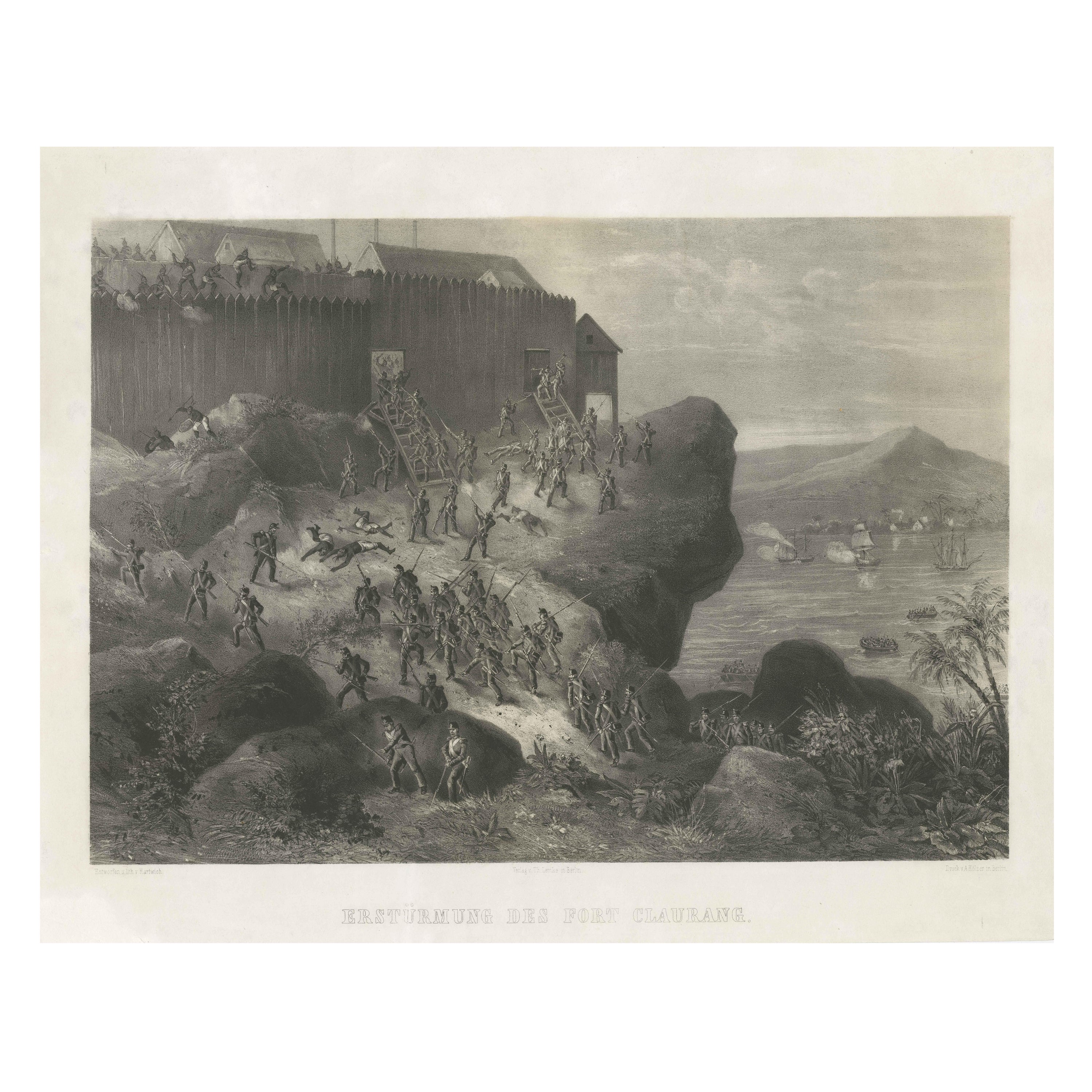 Rare Old Lithograph of the Assault of a Fort in Borneo, Indonesia, ca.1850 For Sale