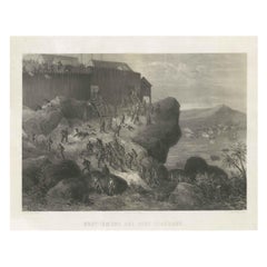 Vieille lithographie rare représentant l'assaut d'un Fort à Borneo, Indonésie, vers 1850