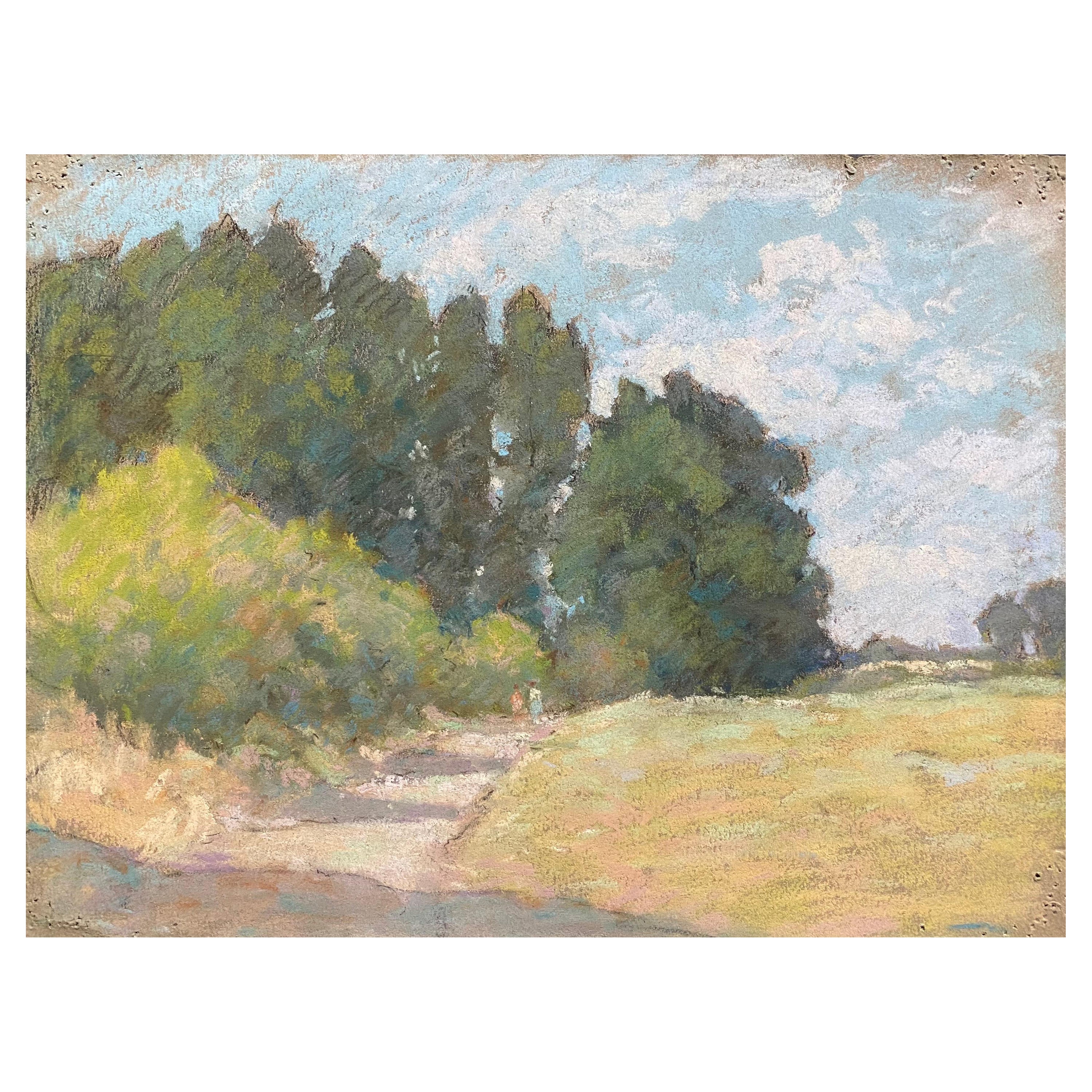 1940's French Impressionist Pastel Sunlit Countryside Pathway by Woods