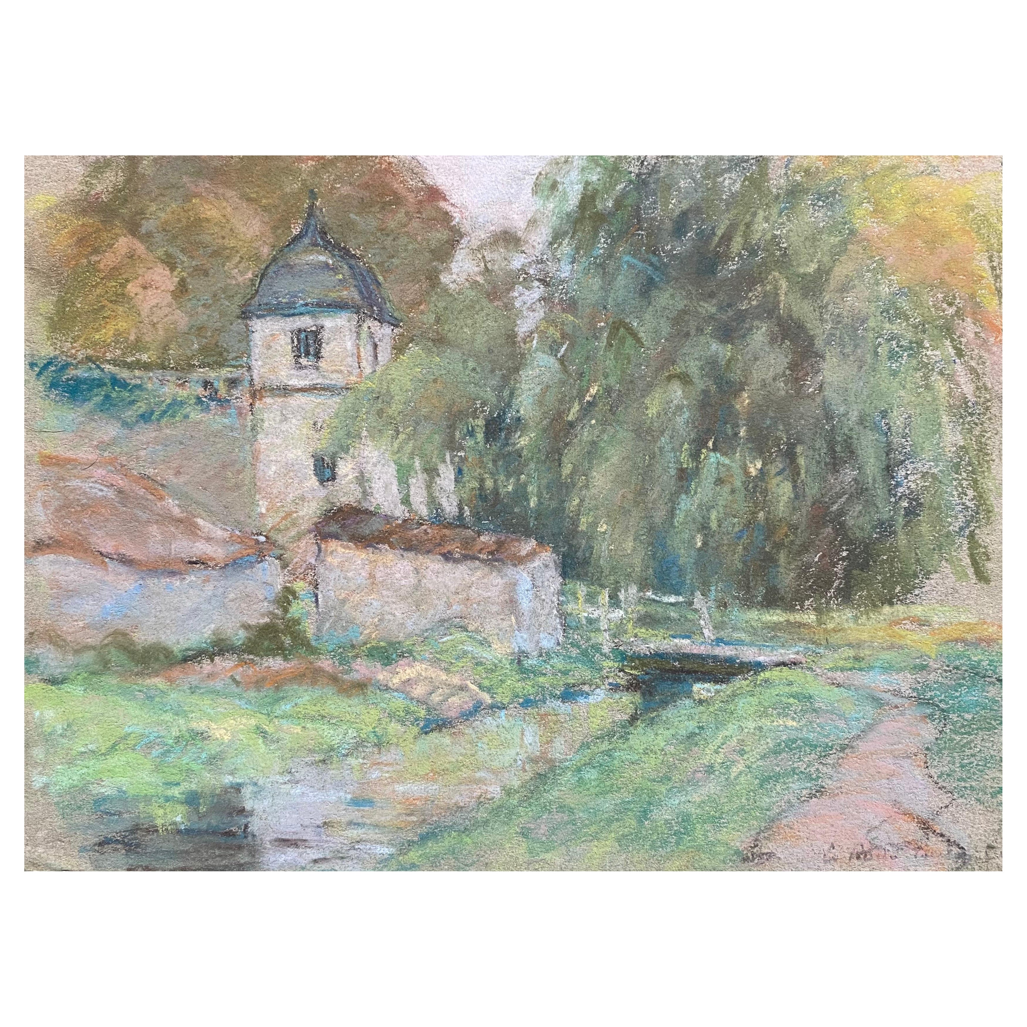 Fine French Impressionist Pastel, Countryside Village Lane River and Trees For Sale
