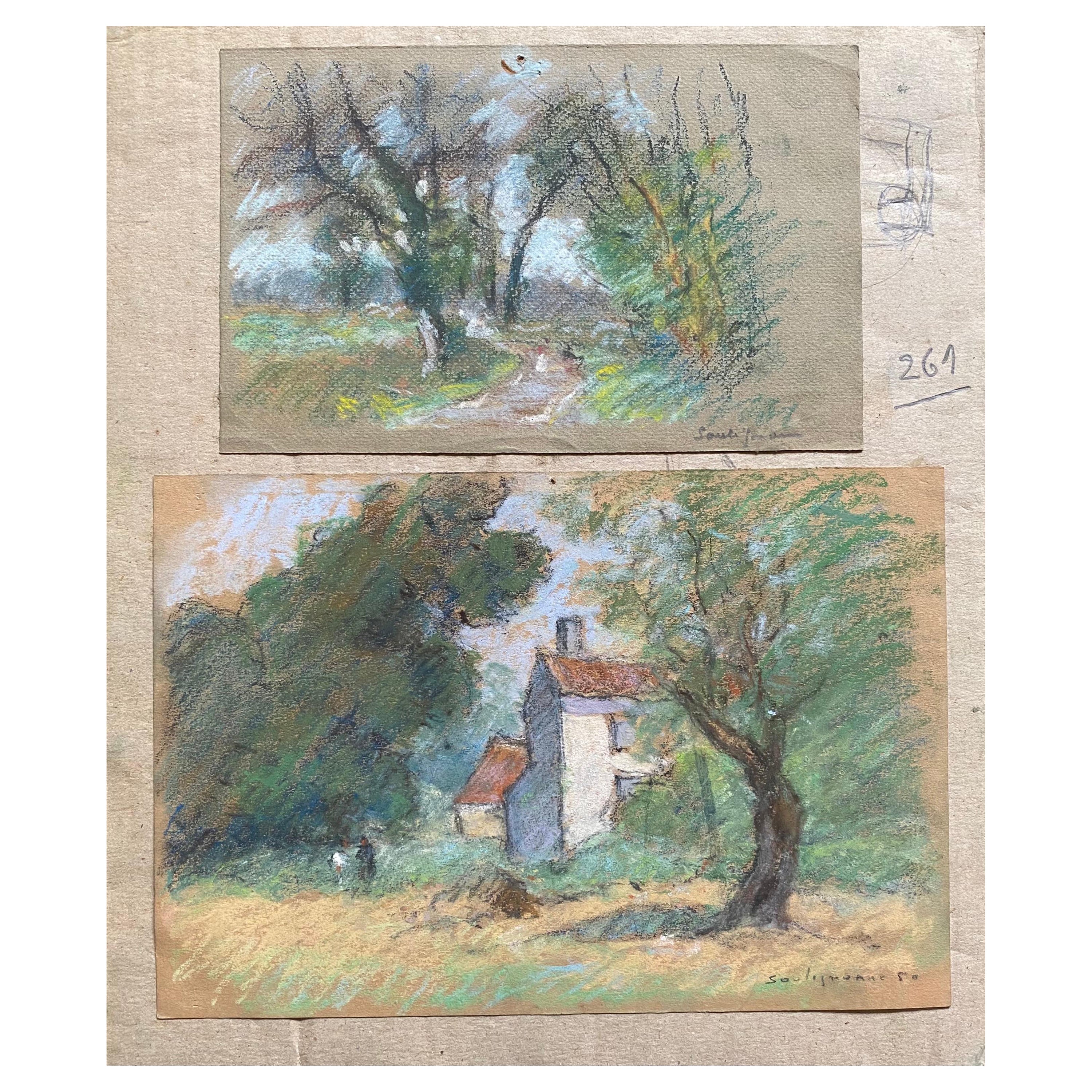 Two Antique Pastel French Impressionist Paintings Sunlit Landscapes For Sale