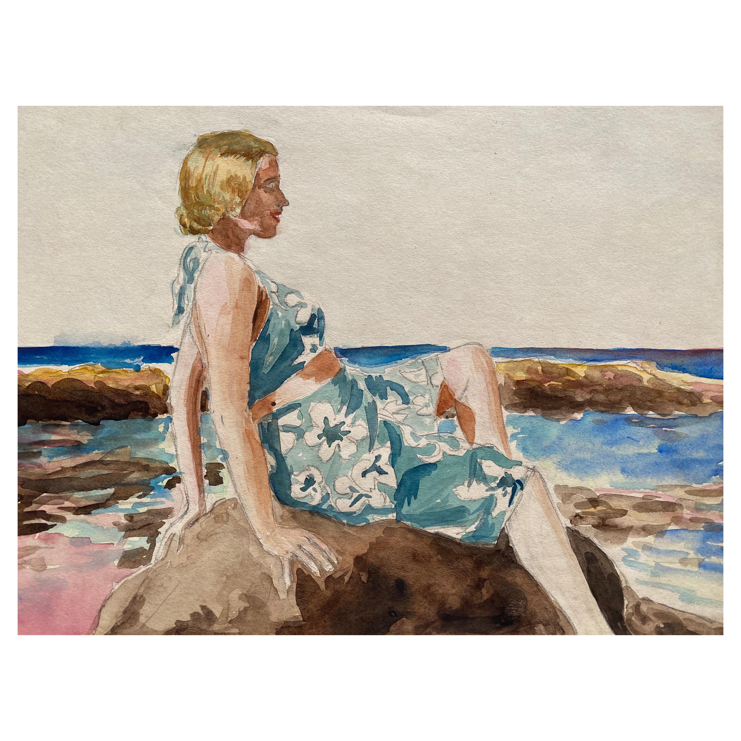 1930's French Impressionist Painting, Young Girl in Blue Dress Rocky Coast  Sea For Sale at 1stDibs | blue impressionist painting, impressionist  watercolor, rocky painting artist