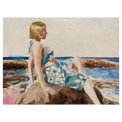 Antique 1930's French Impressionist Painting, Young Girl in Blue Dress Rocky Coast Sea