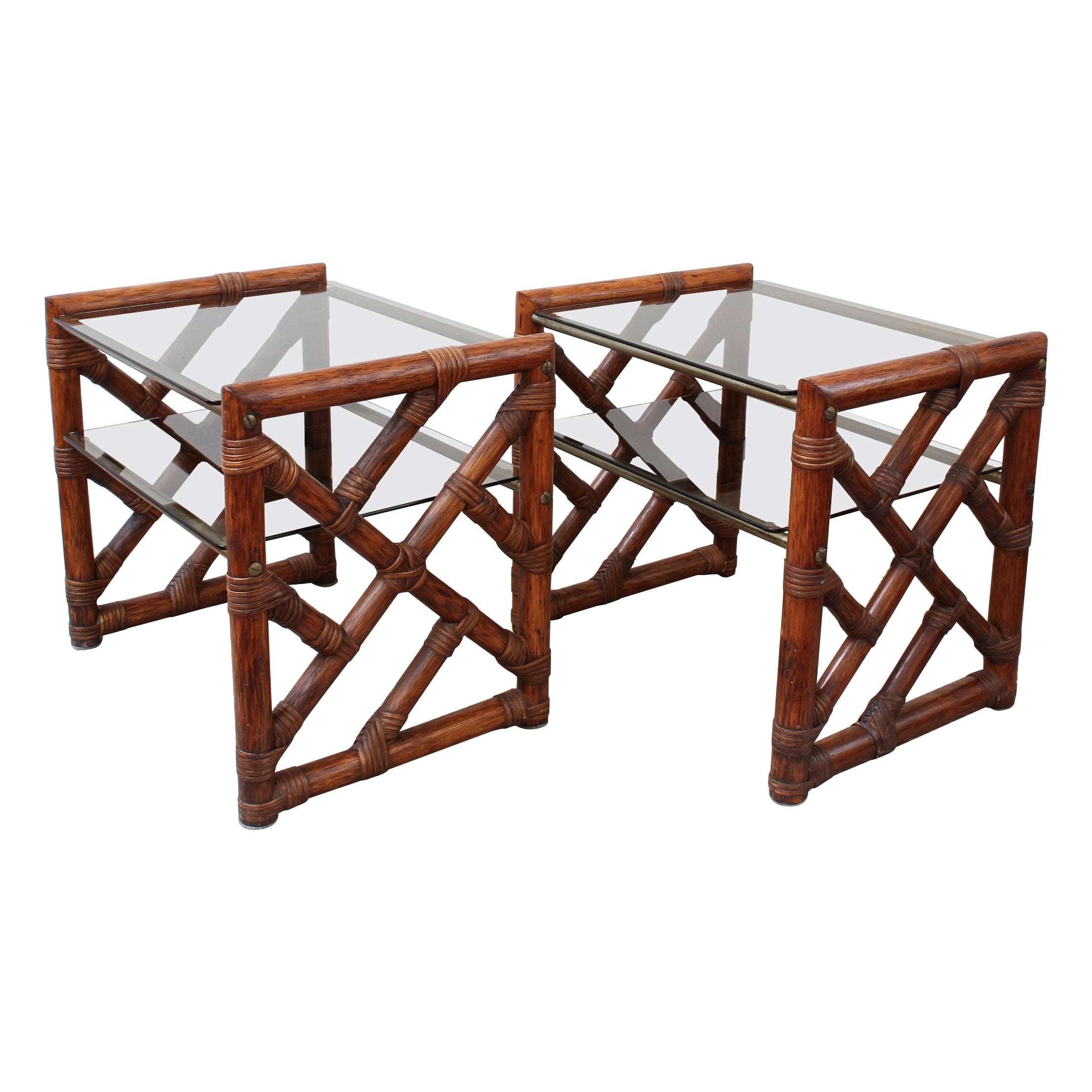 Pair of Vintage Italian Bamboo Side Tables with Glass Tops 'circa 1970s'